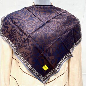 New W/Tag fendi Unisex Silk Miniscarf /Handker 20" Brown Back Silver Logo (99